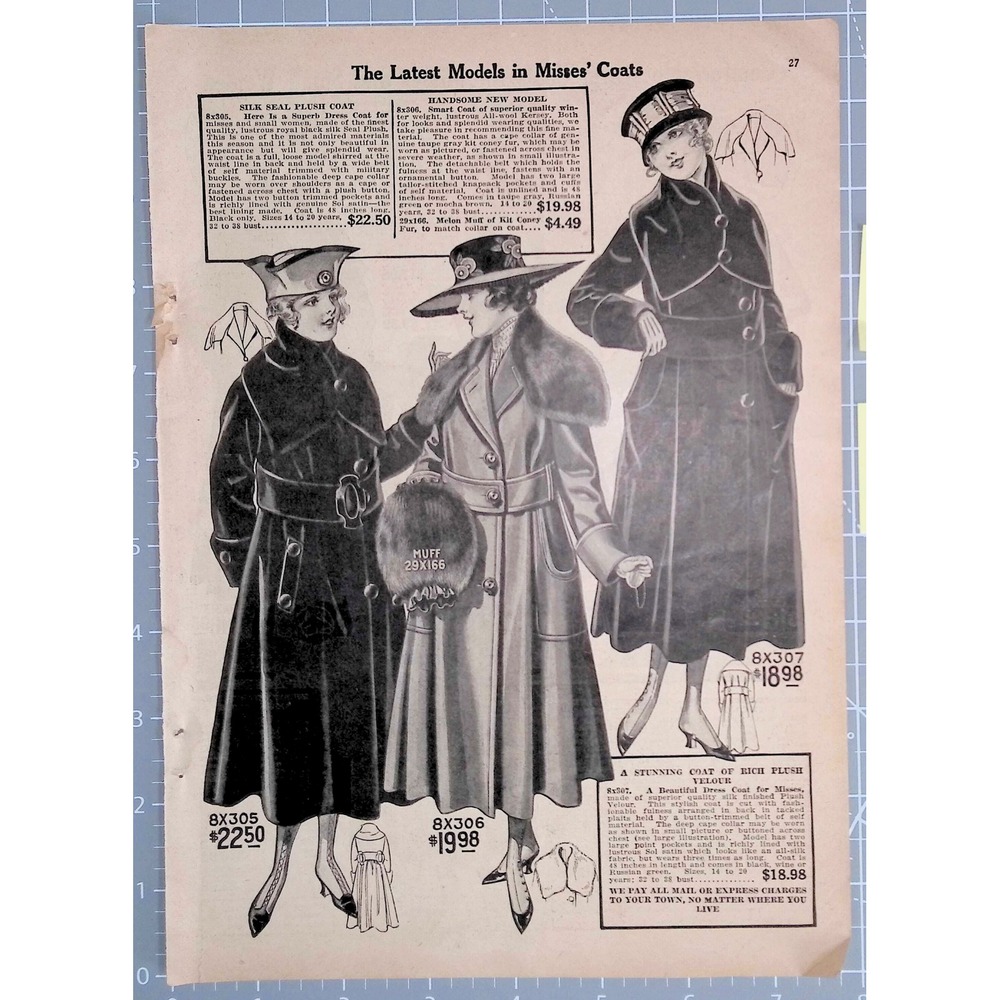 1917 Bellas Hess Misses Coats Womens Fashion Antique Catalog Page Ephemera
